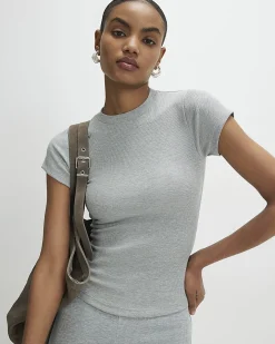 Grey Cotton Blend Fitted Ribbed Top