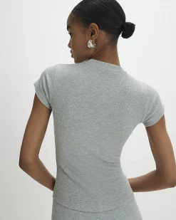 Grey Cotton Blend Fitted Ribbed Top