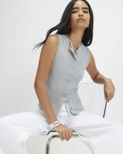 Grey Cotton Blend Popper Tank Top
