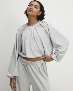 Grey Cotton Blend Ruched Bubble Hem Top