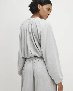 Grey Cotton Blend Ruched Bubble Hem Top
