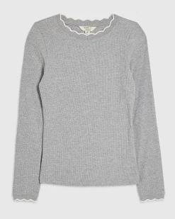 Grey Cotton Blend Scallop Trim Top