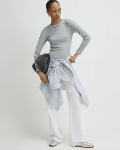 Grey Cotton Blend Scallop Trim Top