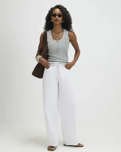 Grey Cotton Blend Scallop Trim Tank Top