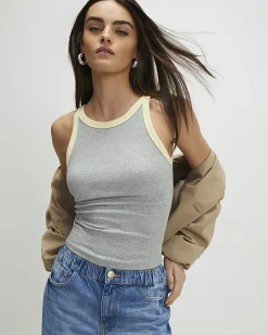 Grey Cotton Blend Sleeveless Ribbed Tank Top