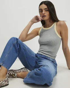 Grey Cotton Blend Sleeveless Ribbed Tank Top