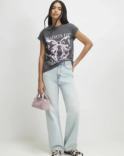 Grey Cotton Polka Dot Bow Boyfriend T-shirt
