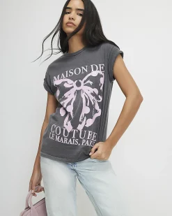 Grey Cotton Polka Dot Bow Boyfriend T-shirt
