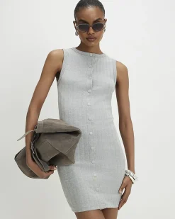 Grey Cotton Sleeveless Popper Mini Dress