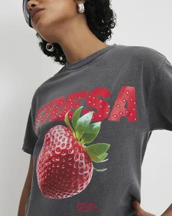 Grey Cotton Strawberry Boyfriend Fit T-Shirt