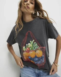 Grey Cotton Washed Fruit Basket T-Shirt