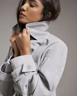 Grey Faux Leather Cropped Belted Trench Coat