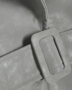 Grey Faux Leather Cropped Belted Trench Coat