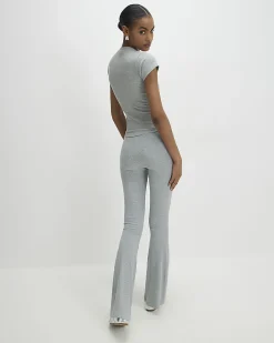 Grey High Waisted Ribbed Flare Leggings