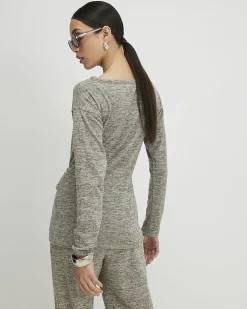 Grey Long Sleeve Tie Top