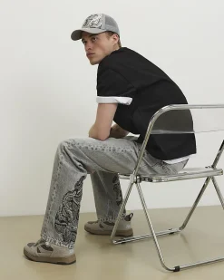 Grey Loose Fit Embroidered Jeans