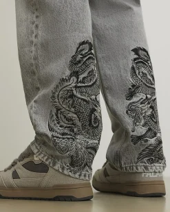 Grey Loose Fit Embroidered Jeans