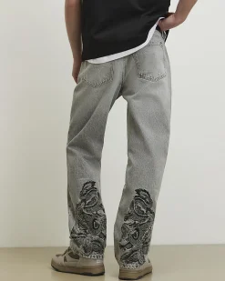 Grey Loose Fit Embroidered Jeans