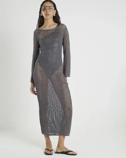Grey Lurex Long Sleeve Maxi Beach Dress