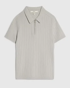 Grey Muscle Fit Ribbed Quarter Zip Polo Shirt