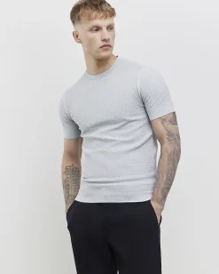 Grey Muscle Fit Zig Zag Textured T-Shirt