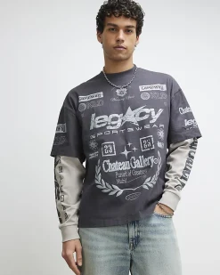 Grey Oversized Double Layered Graphic T-Shirt