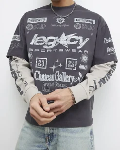 Grey Oversized Double Layered Graphic T-Shirt
