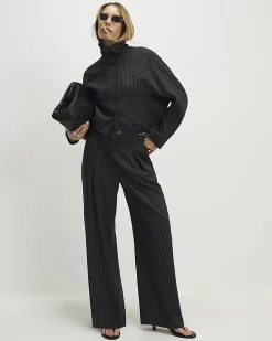 Grey Pinstripe Elastic Wide Leg Trousers