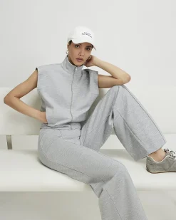 Grey Pintuck Interlock Wide Leg Joggers