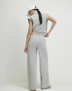 Grey Pintuck Interlock Wide Leg Joggers
