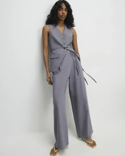 Grey Premium Wrap Detail Wide Leg Trousers