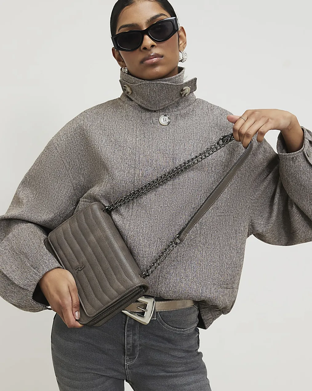 Grey Quilted Chain Shoulder Bag