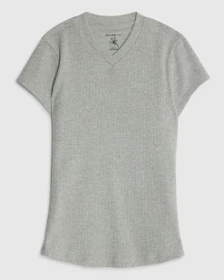 Grey Short Sleeve High V Neck Ribbed Top