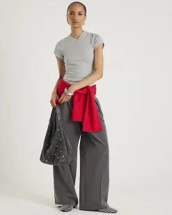 Grey Short Sleeve High V Neck Ribbed Top
