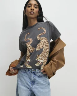 Grey Short Sleeve Washed Leopard T-shirt