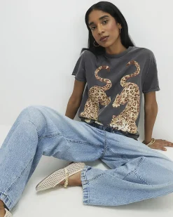 Grey Short Sleeve Washed Leopard T-shirt