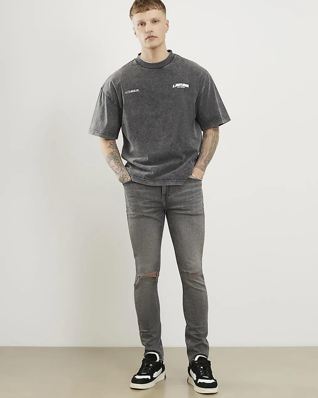 Grey Skinny Fit Ripped Stretch Jeans