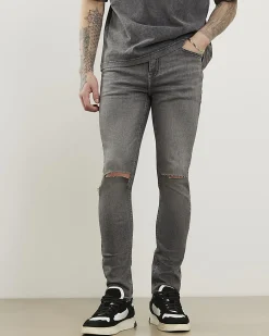 Grey Skinny Fit Ripped Stretch Jeans