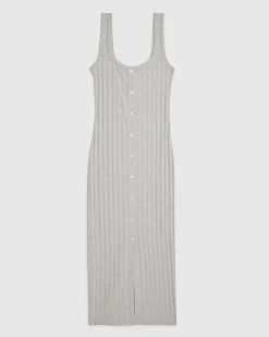 Grey Sleeveless Ribbed Button Midi Dress