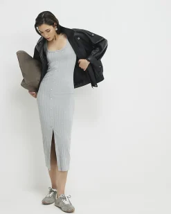 Grey Sleeveless Ribbed Button Midi Dress