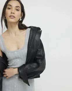 Grey Sleeveless Ribbed Button Midi Dress