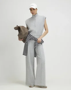 Grey Sleeveless Zip Through Interlock Top