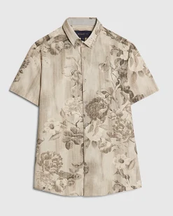 Grey Slim Fit Short Sleeve Floral Shirt
