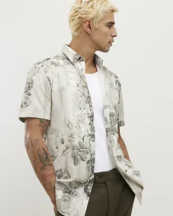 Grey Slim Fit Short Sleeve Floral Shirt