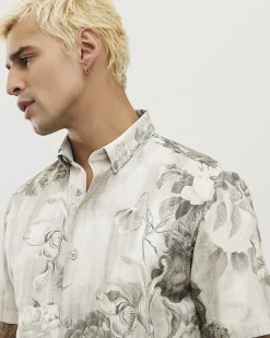 Grey Slim Fit Short Sleeve Floral Shirt