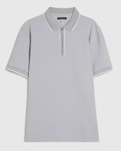 Grey Slim Fit Textured Zip Tipped Polo Shirt