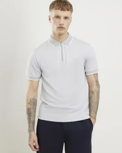 Grey Slim Fit Textured Zip Tipped Polo Shirt