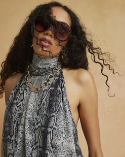 Grey Snake Halter Neck Bubble Hem Top