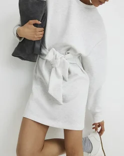 Grey Tie Front Mini Sweatshirt Dress