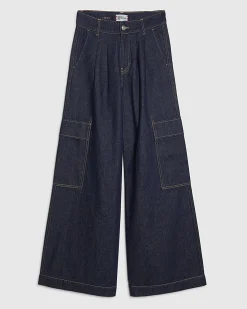Indigo Mid Rise Cargo Wide Leg Baggy Jeans